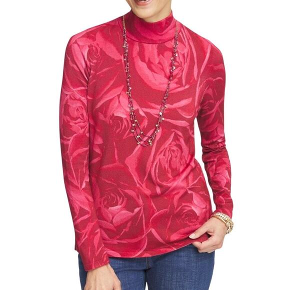 Chico's Classic Fit Rose Print Mockneck Pullover Sweater in Red Allure - Picture 1 of 9